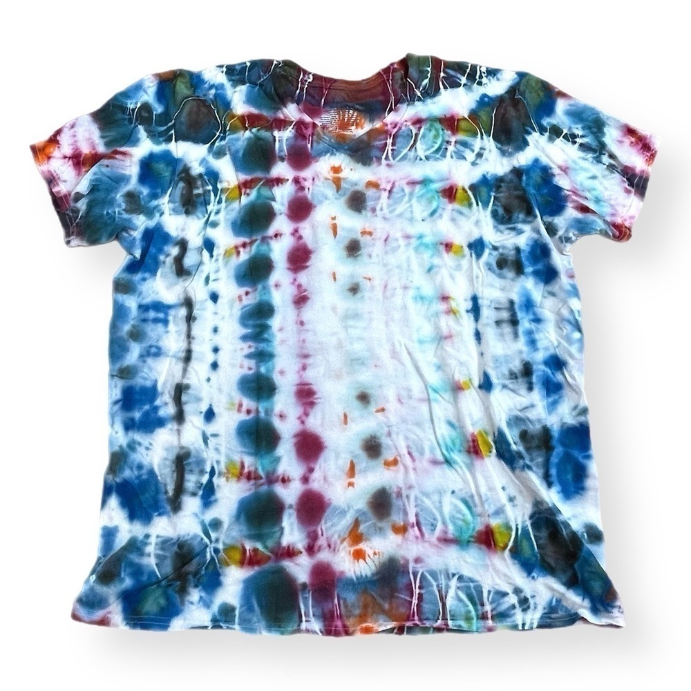 Hand tie dyed tshirt cosmic egg psychedelic kaleidoscope vneck 2XL blue